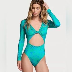 Victoria's Secret Teal Knot Cutout Long-Sleeve One-Piece Swimsuit